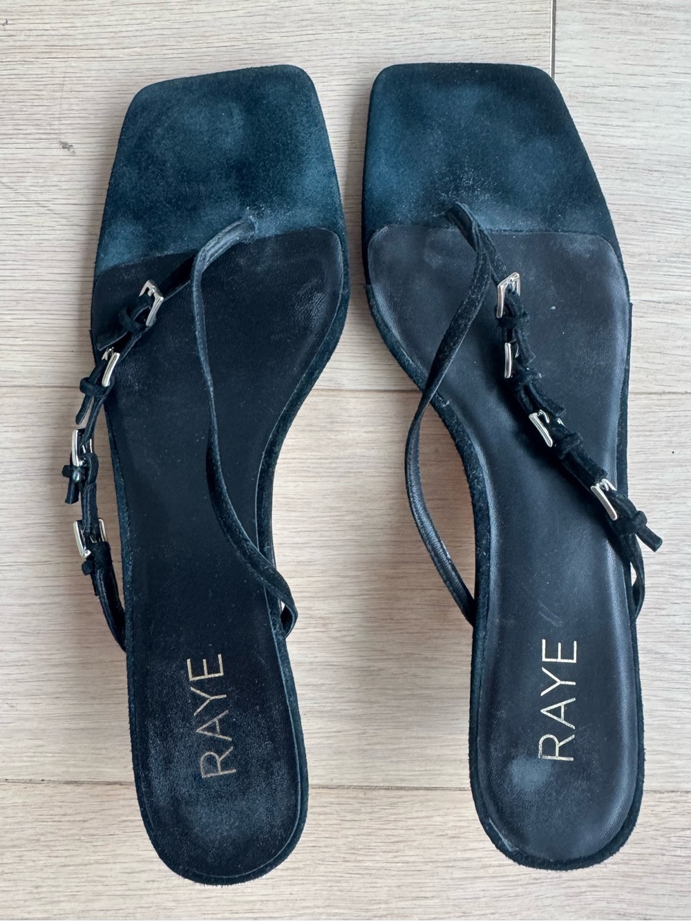 RAYE Black Suede Square-Toe Slide Sandals with Slim Straps